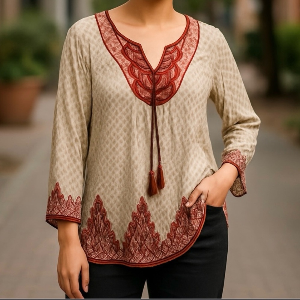 Elegant Beige and Red Women's blouse.From the renowned Lucky brand, long sleeves